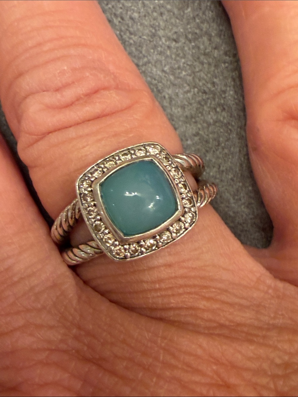 David Yurman Blue Chalcedony Cable Stack Ring with Pavé Halo - Picture 8 of 9